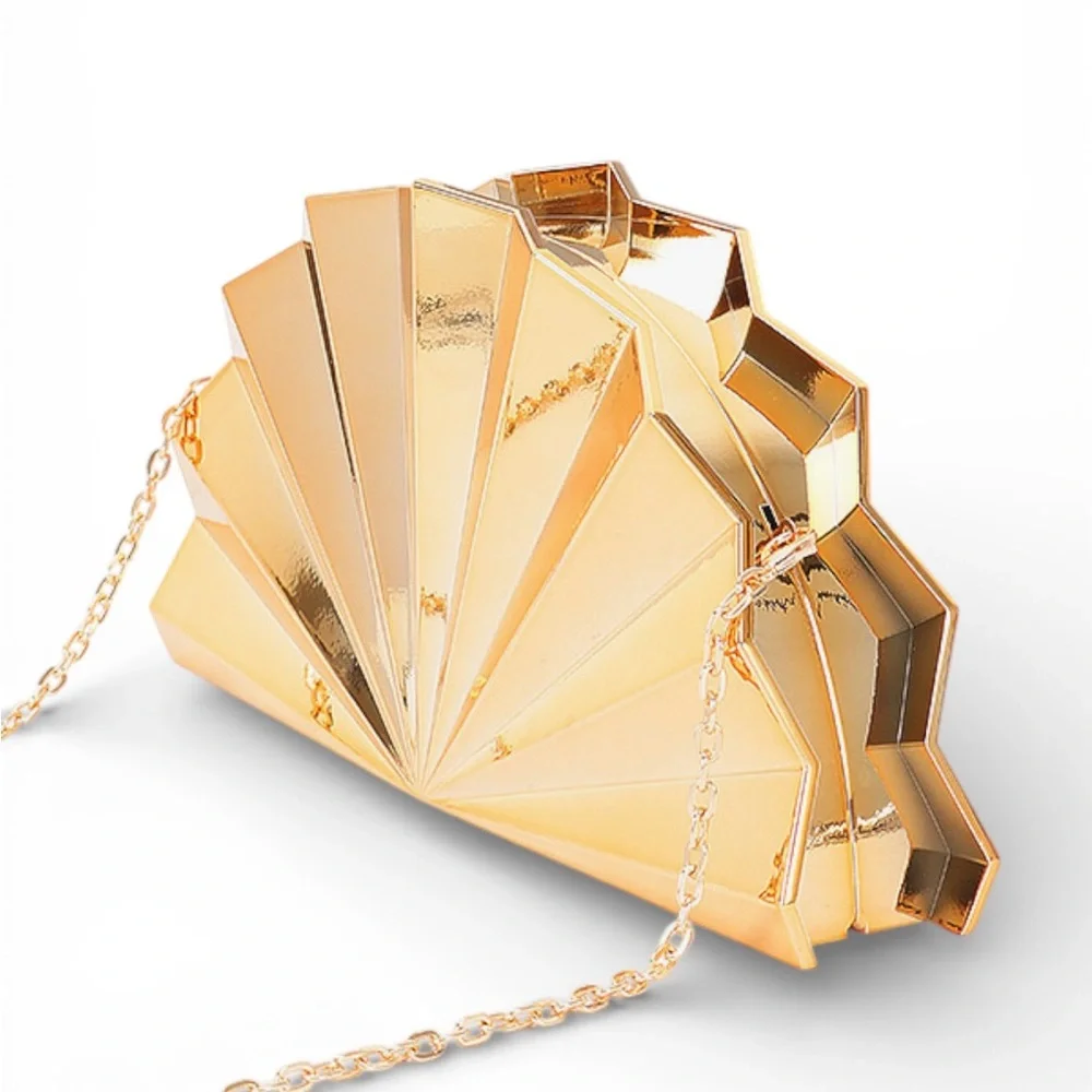 Gold and Silver Fan-Shaped Metal Clutch Bag